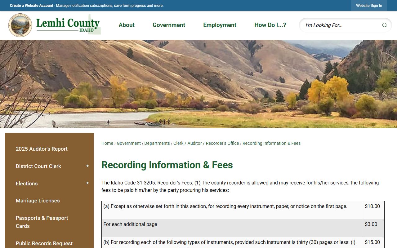 Lemhi County clerk recorder certification fee information