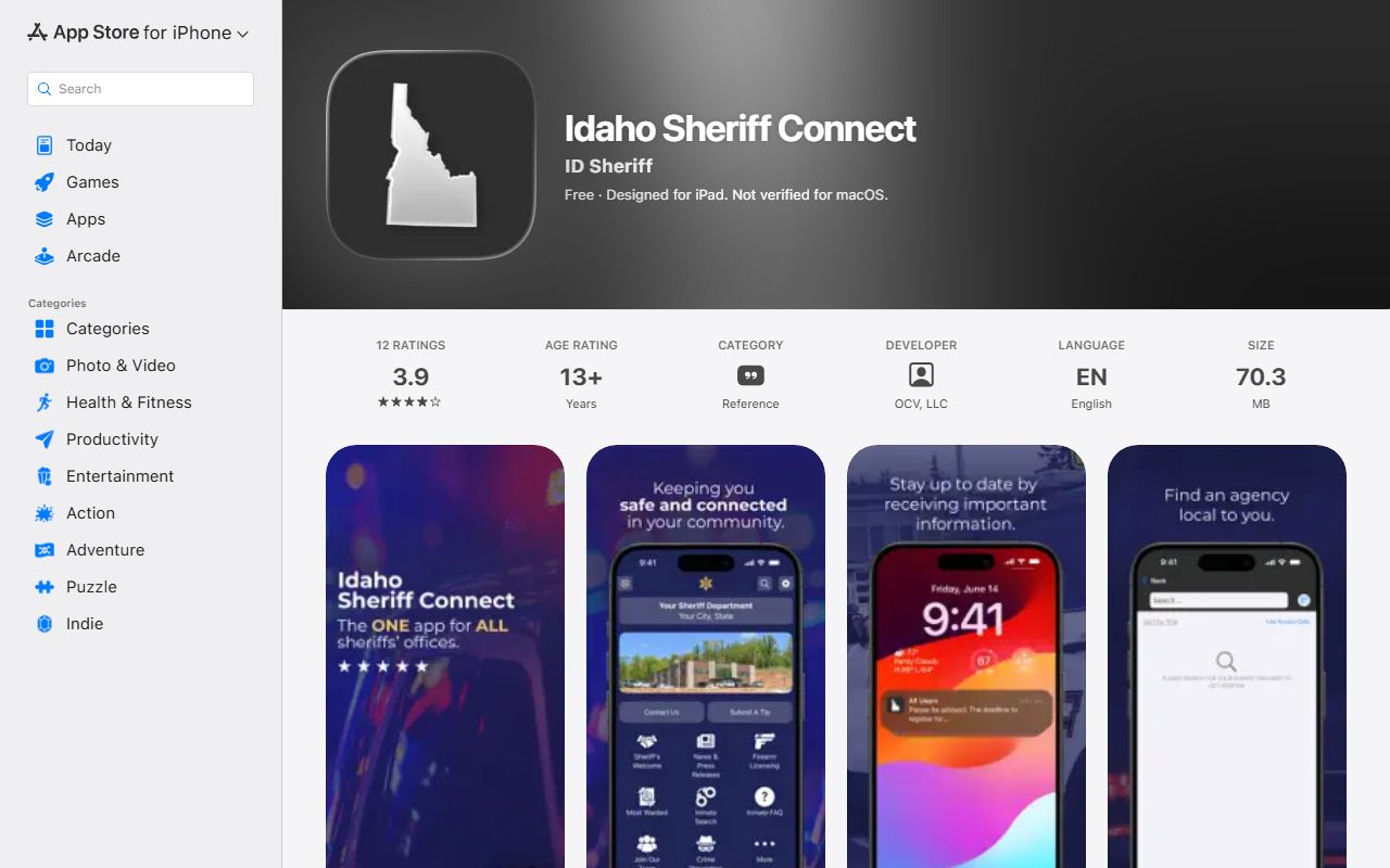 Apple App Store listing for Idaho Sheriff Connect