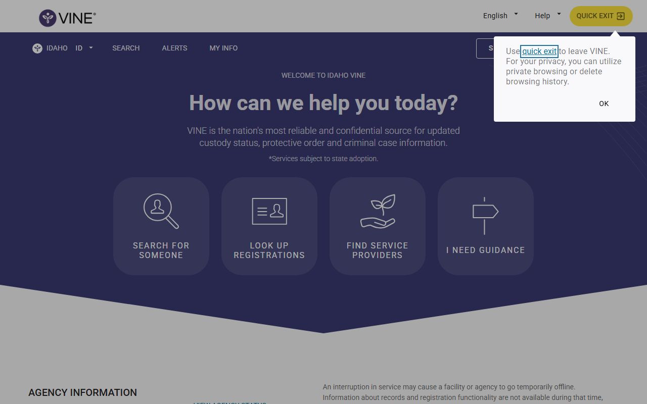 Idaho VINE custody status and criminal case notification portal