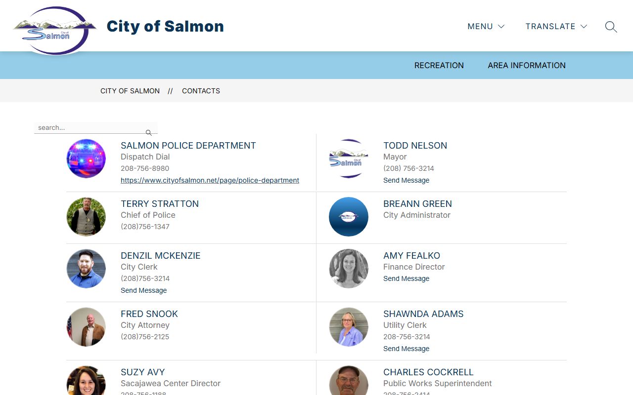 City of Salmon staff page with police dispatch and city contact information