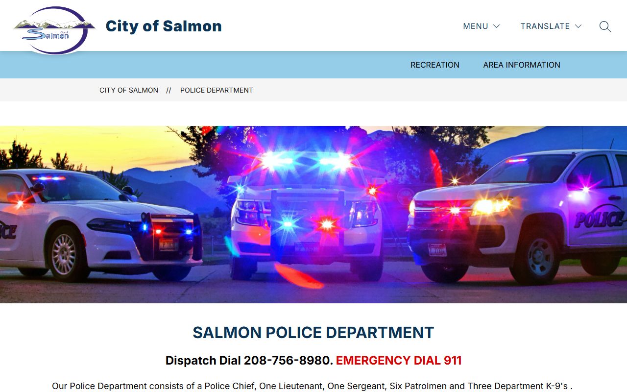 City of Salmon Police Department page directing reports to sheriff dispatch and jail