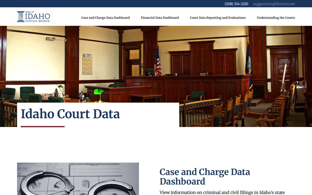 Idaho Court Data dashboard for criminal, civil, charge, and financial court data