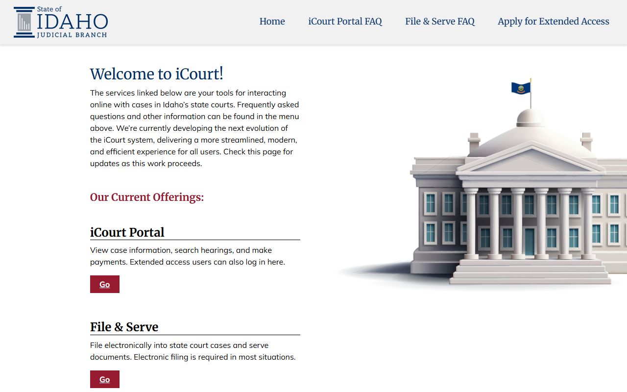 Idaho iCourt landing page for court records, payments, and filing