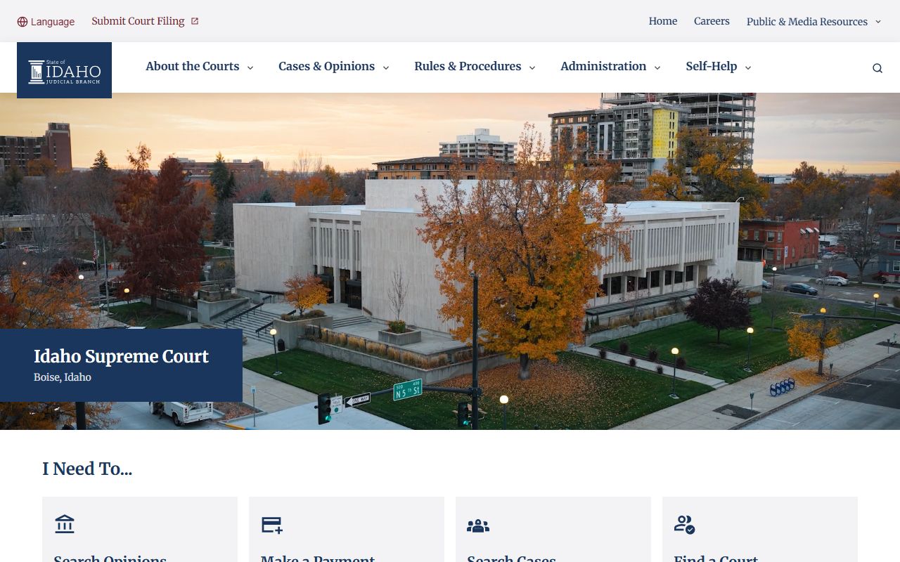 Idaho Judicial Branch homepage with court record and case search links