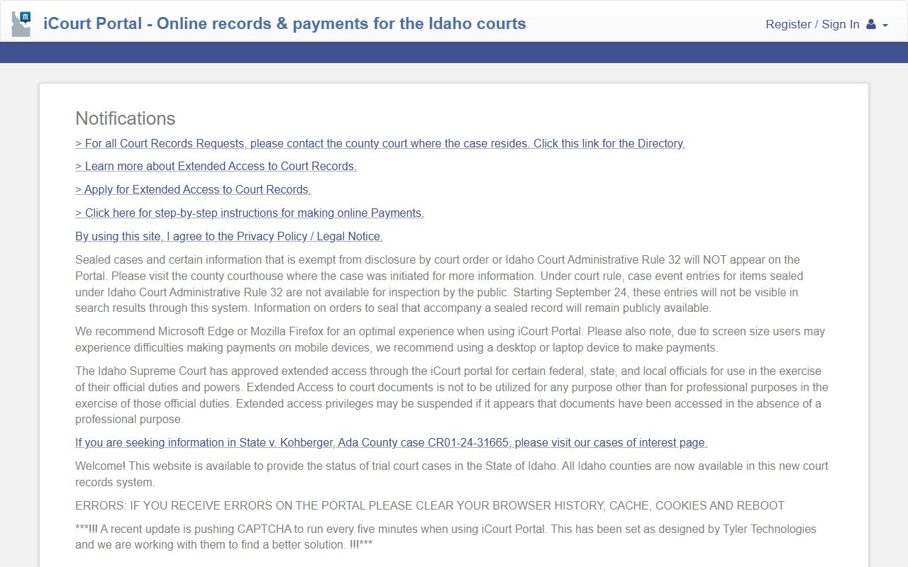 Live Idaho iCourt Portal with Smart Search and Search Hearings options