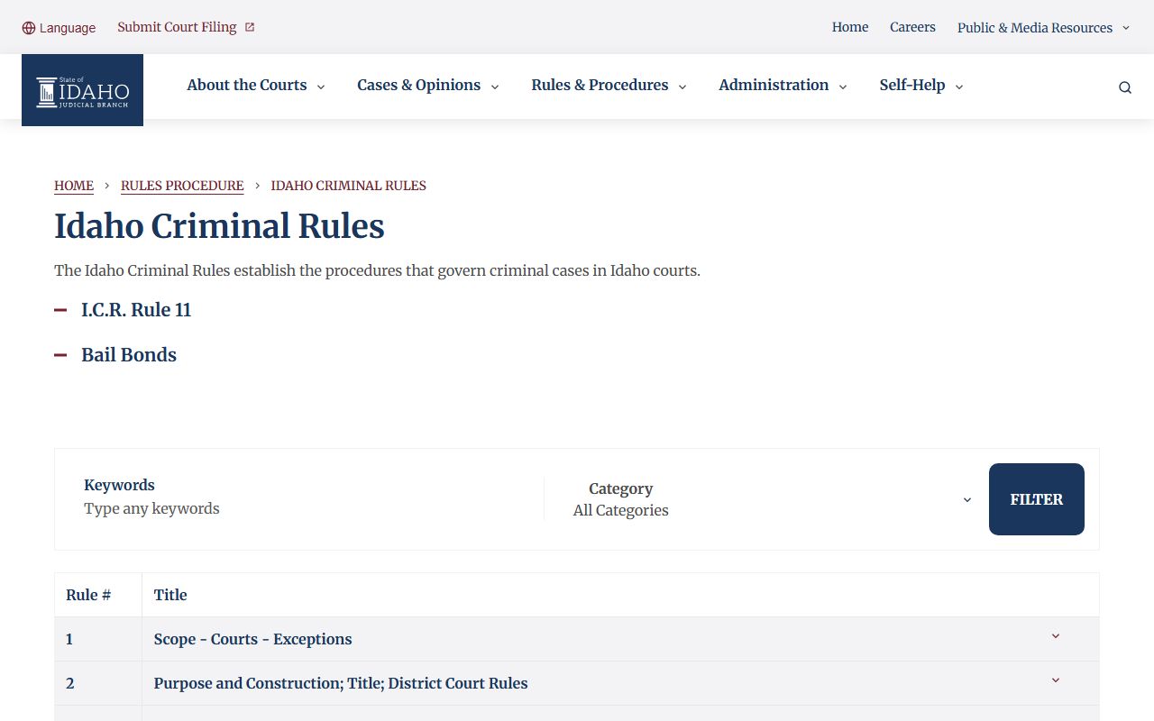 Idaho Criminal Rules page for criminal procedure and court forms