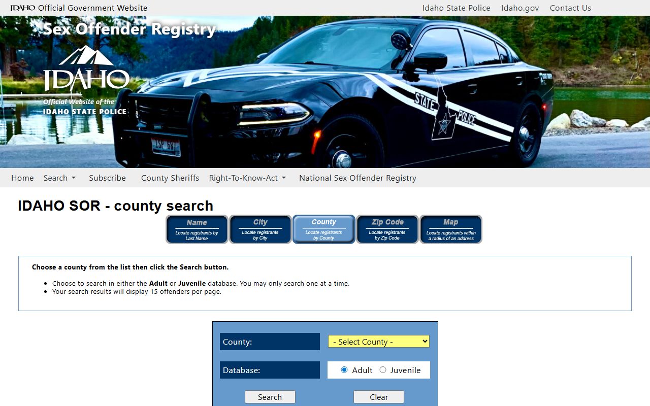 Idaho State Police sex offender registry county search page