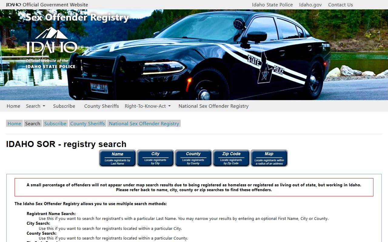 Idaho State Police sex offender registry search landing page