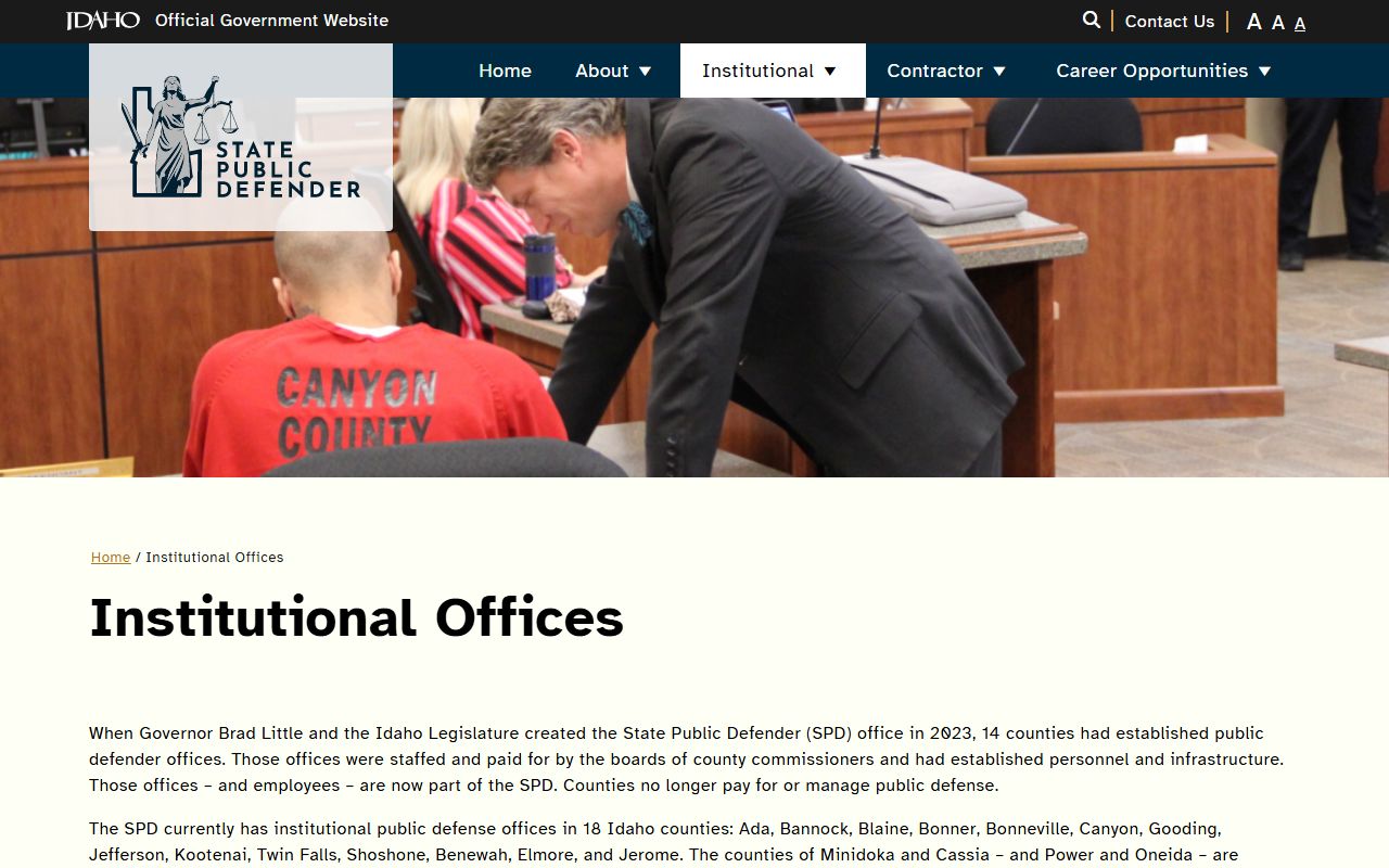 Idaho State Public Defender institutional offices page listing district coverage