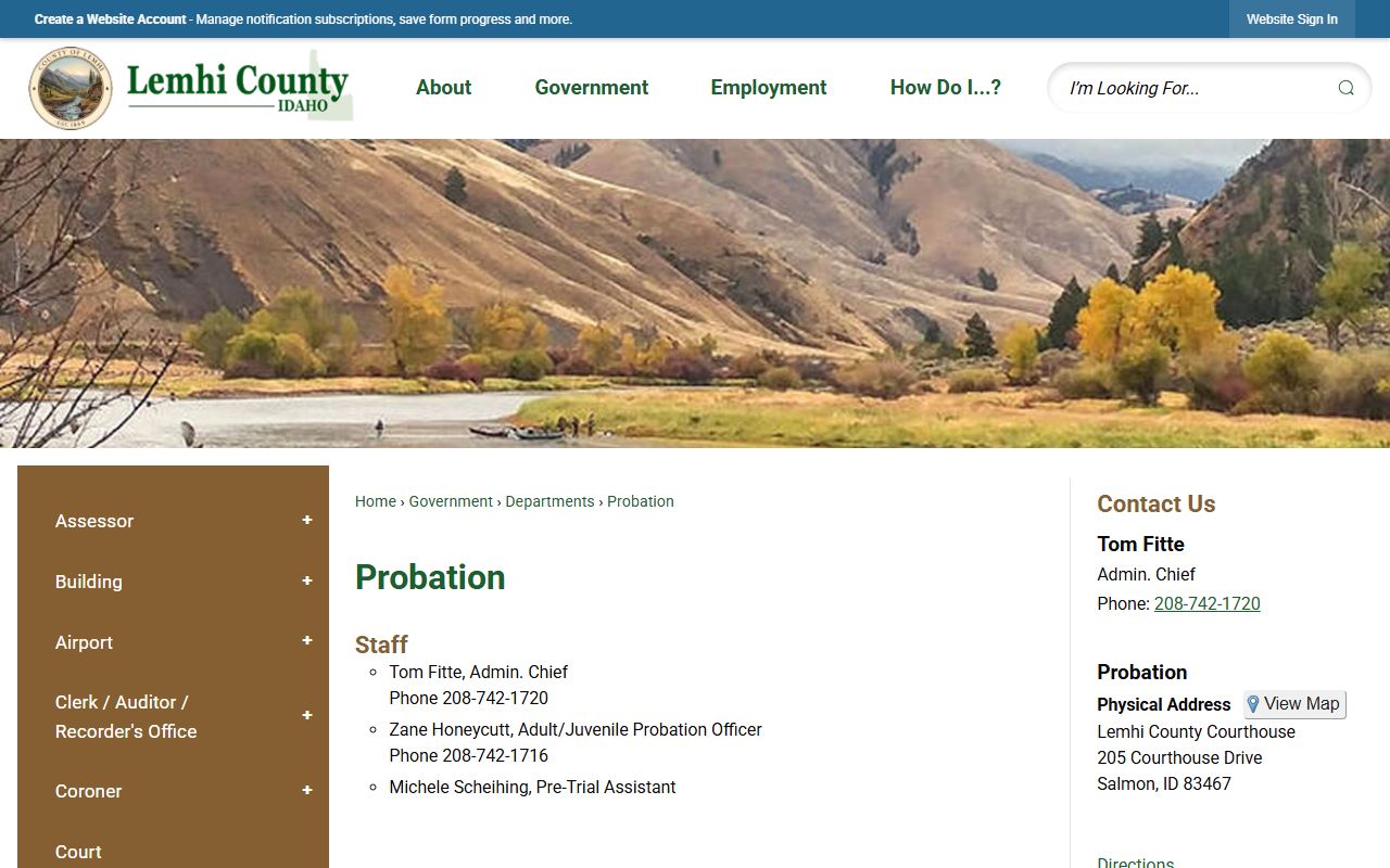 Lemhi County Probation page with local probation contact information