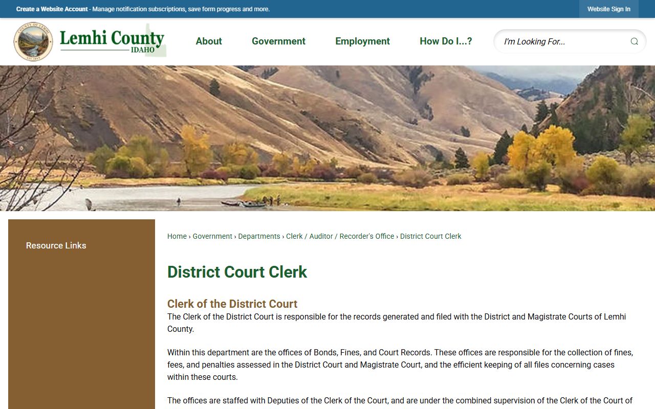Lemhi County District Court records clerk page