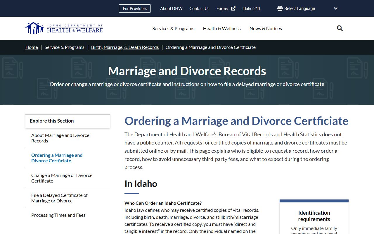 Lemhi County marriage and divorce records Idaho certificate ordering