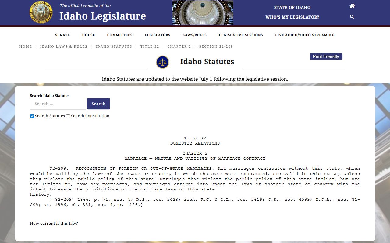 Lemhi County marriage and divorce records Idaho marriage license statute